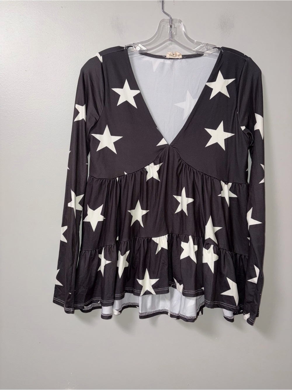 Peach Love California Gray White Stars Oversized Tiered Baby Doll Peasant Top S